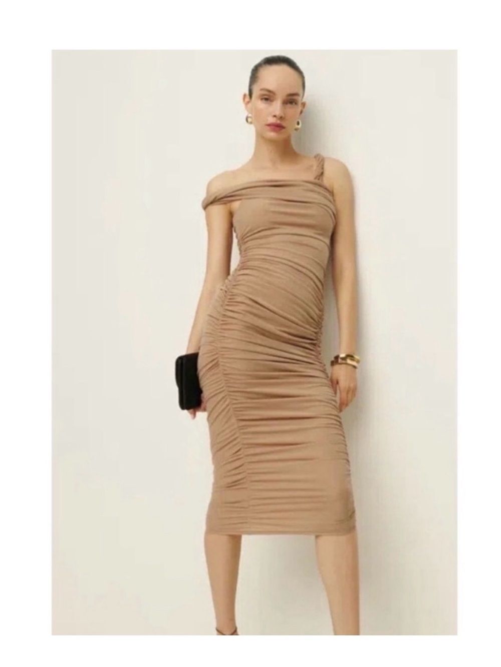 Reformation Laura Harrier One-Shoulder Ruched Dress in Warm Brown • small